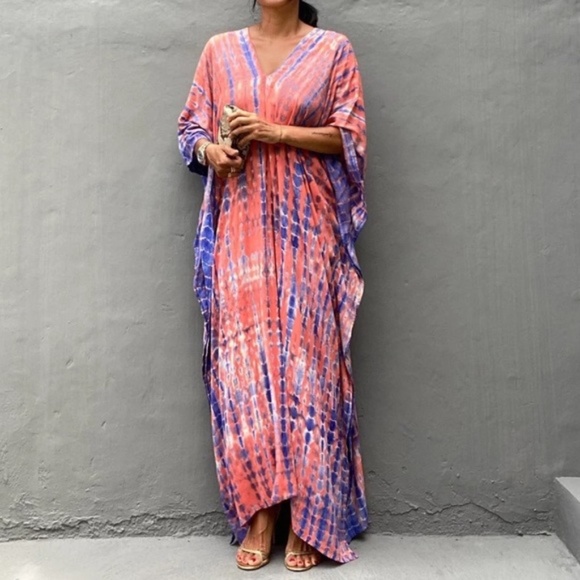 Dresses & Skirts - Pink Boho Tie Dye Kaftan Kimono Coverup Dress